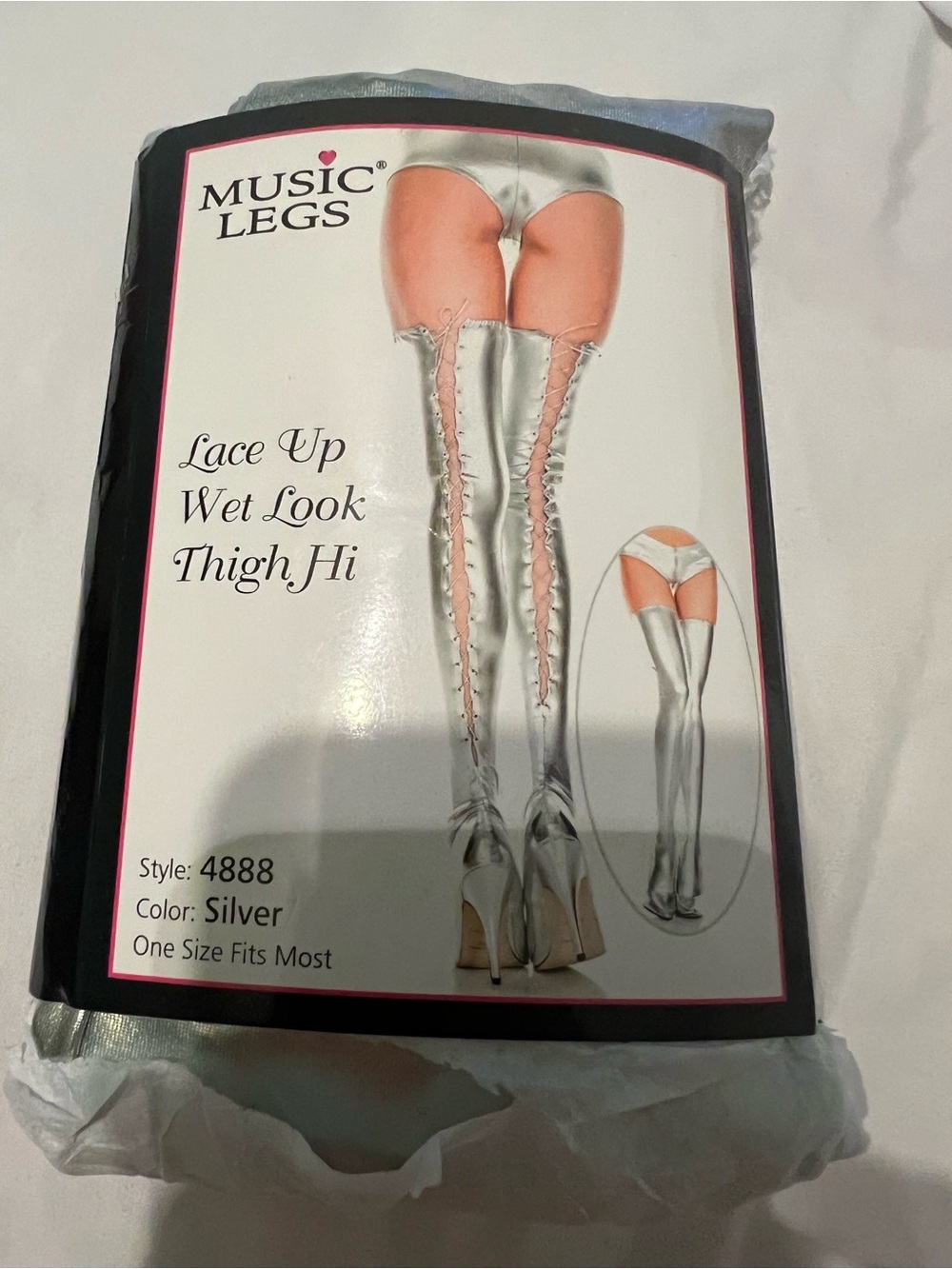 Music Legs Silver Lace-Up Wet-Look Thigh Highs